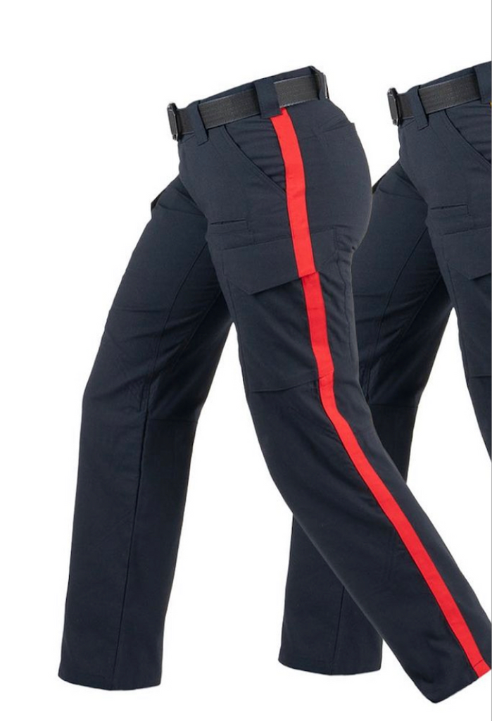 Navy pants with red top stripe